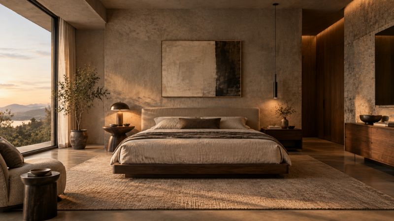 Calm Brutalist bedroom with warm gray walls, platform bed, linen bedding, and dark wood