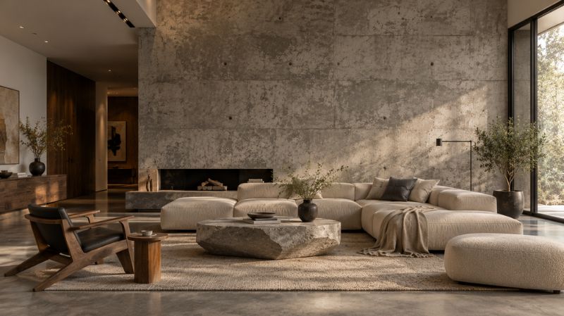Brutalist living room with a textured concrete-look feature wall and low sofa