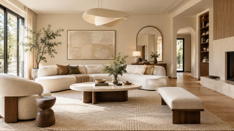 Contemporary living room with curved sofa and sculptural lighting