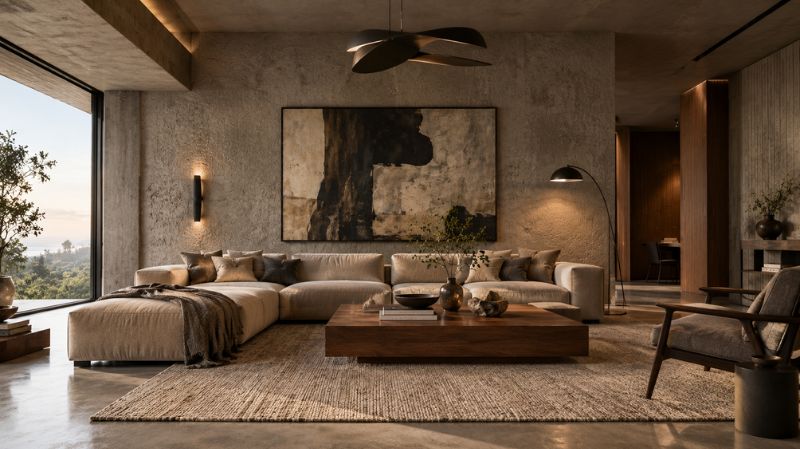 Warm Brutalist living room with concrete wall, neutral sofa, walnut table, and textured rug