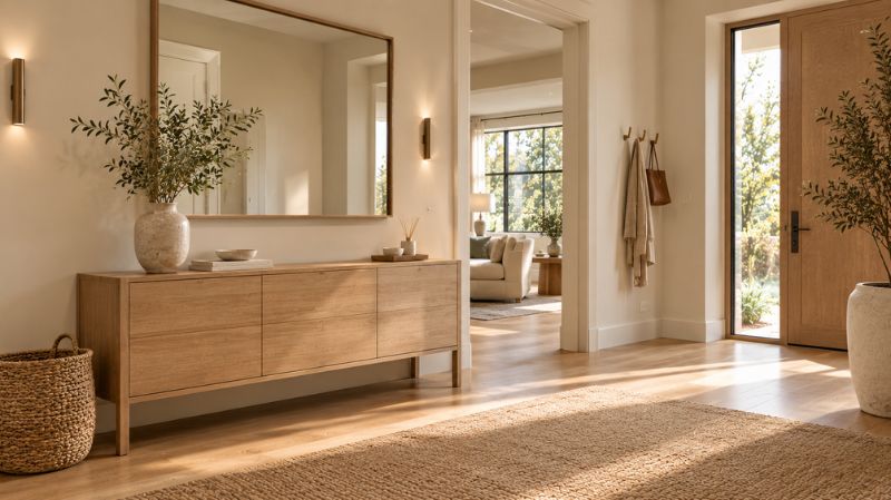 Organized minimalist entryway with closed shoe storage and mirror