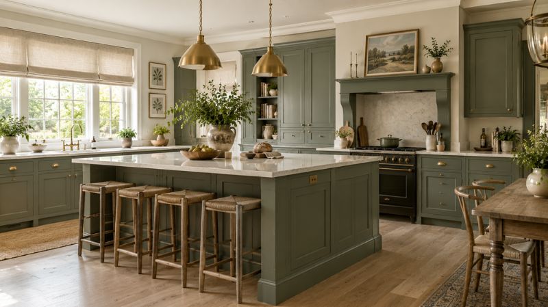 Green kitchen cabinets with white walls oak flooring and brass hardware