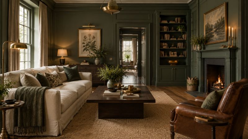 Deep green living room with wood furniture and brass accents