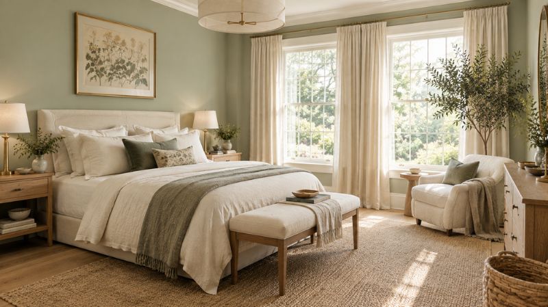 Light green bedroom with cream bedding and natural wood furniture