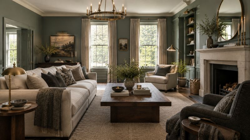 Green gray interior with blue green walls and warm wood furniture