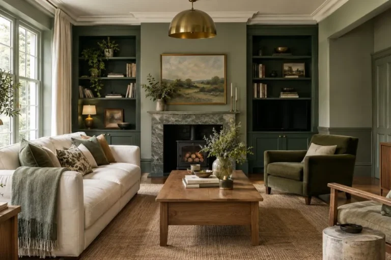 Farrow and Ball green paint colors in a stylish living room