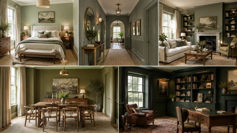 Farrow and Ball green paint palette with muted sage olive and deep green shades
