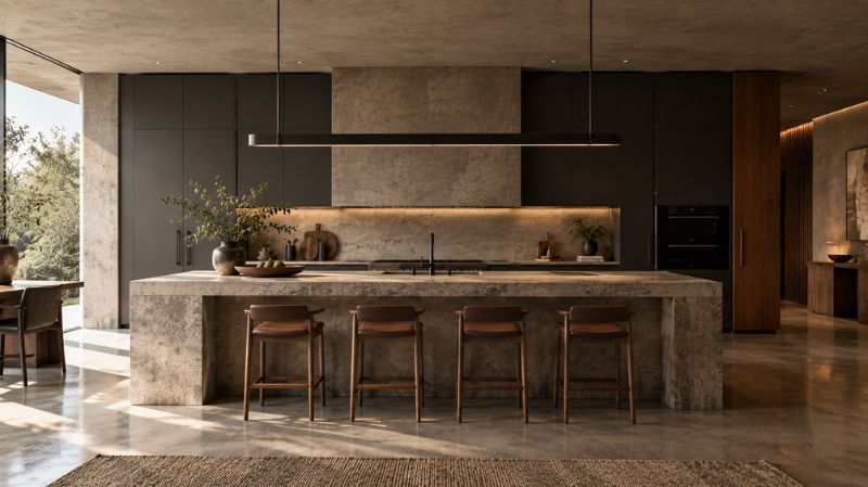 Modern Brutalist kitchen with monolithic stone island and charcoal cabinetry