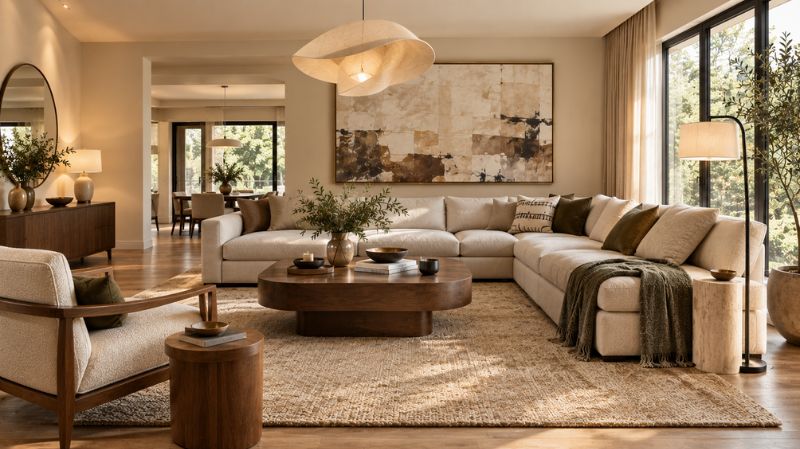 Contemporary living room transformation with warm neutral decor