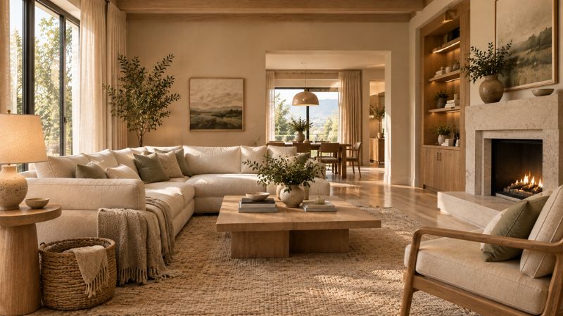 Cozy minimalist living room with natural wood and layered textures