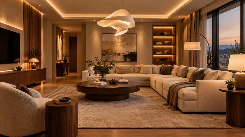 Contemporary living room with layered lighting