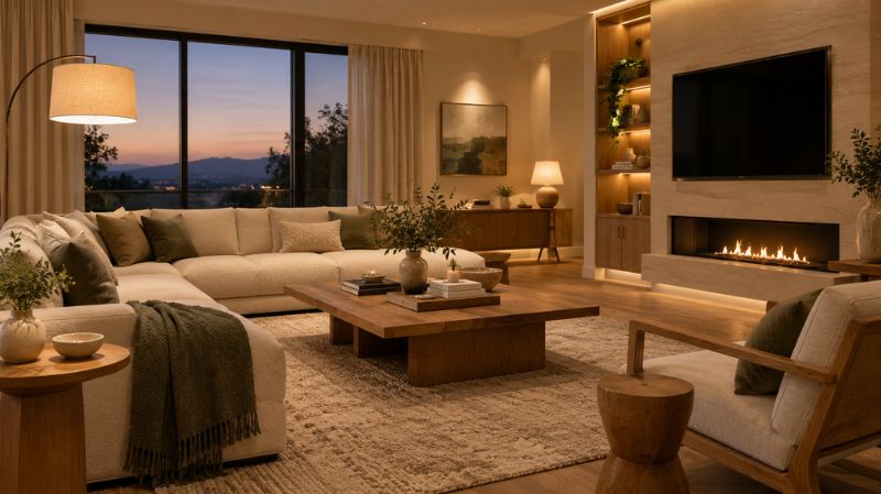 Layered lighting in a minimalist living room
