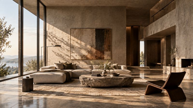 Brutalist interior with large windows, natural light, sculptural furniture, and negative space