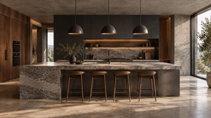 Brutalist kitchen with large stone island, dark cabinetry, and natural materials