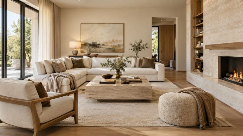 Contemporary interior with natural wood stone linen and metal