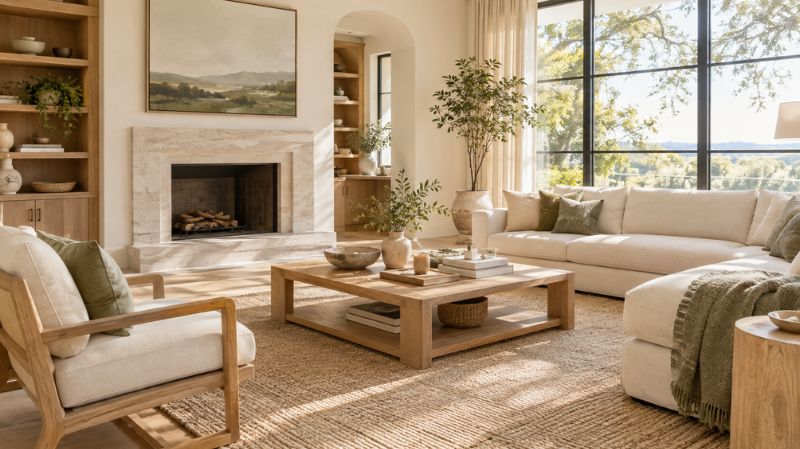 Natural wood furniture in an organic minimalist interior