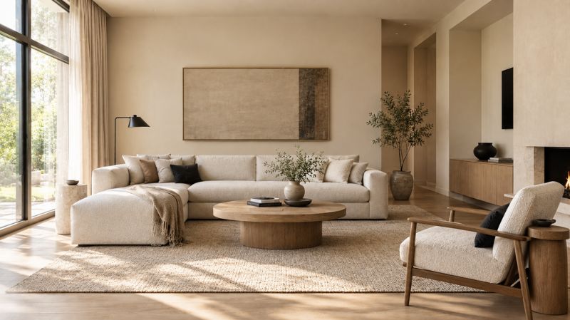 Warm minimalist living room with cream sofa and natural oak furniture
