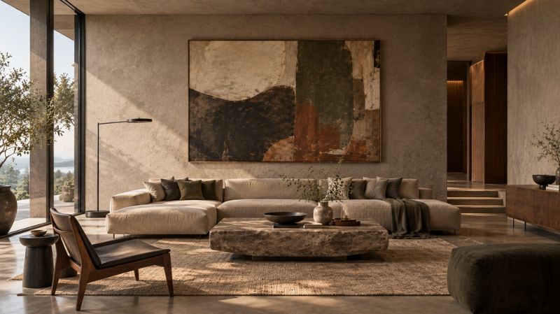 Brutalist interior with oversized abstract artwork and sculptural furniture