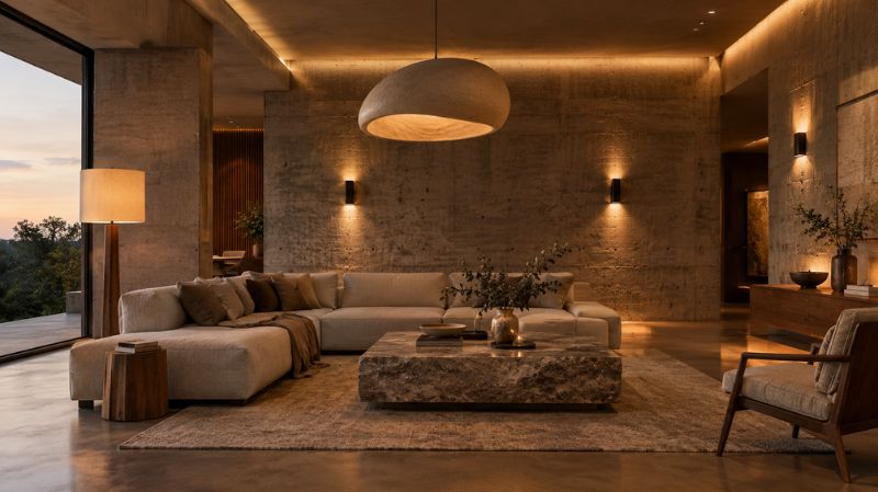 Brutalist living room with warm layered lighting illuminating concrete and stone textures