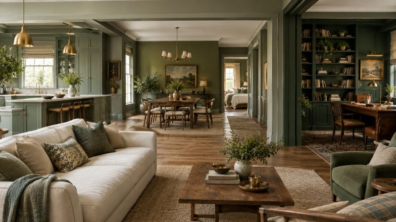 Farrow and Ball green paint shades displayed across elegant home interiors