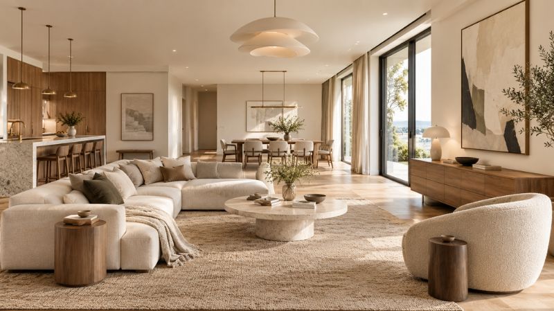 Contemporary interior with clean lines natural materials and layered textures