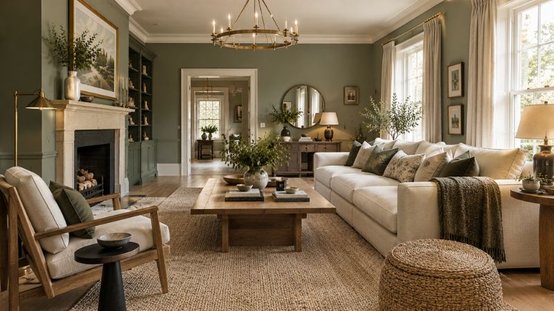 Green walls with white trim natural wood and brass home decor