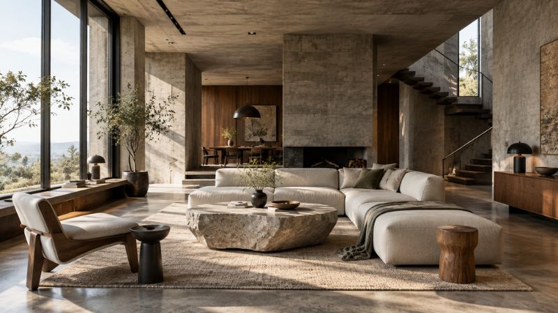 Modern Brutalist living room with concrete, stone, timber, and textured textiles