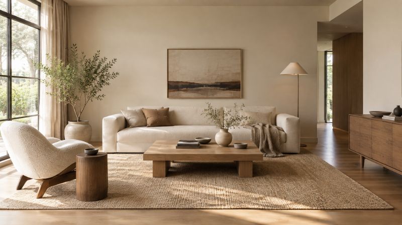 Warm minimalist interior with intentional furniture and negative space