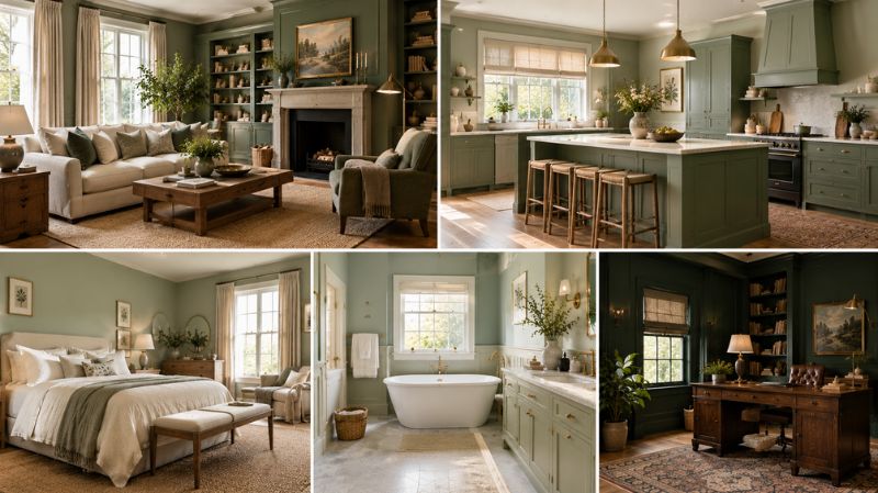 Farrow and Ball green paint ideas for living room kitchen bedroom bathroom and study