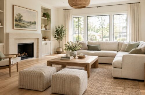 Warm white living room with natural oak flooring and neutral furniture
