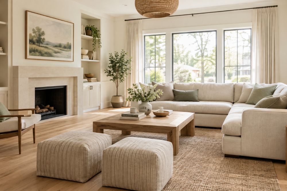 Warm white living room with natural oak flooring and neutral furniture