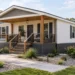 Mobile home with stylish modern skirting and landscaped exterior