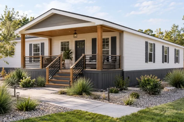 Mobile home with stylish modern skirting and landscaped exterior