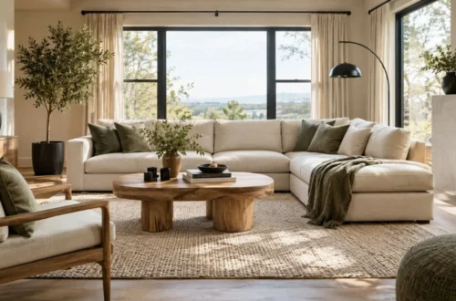Modern living room with a cream sofa, oak furniture, and sage green accents