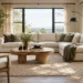 Modern living room with a cream sofa, oak furniture, and sage green accents