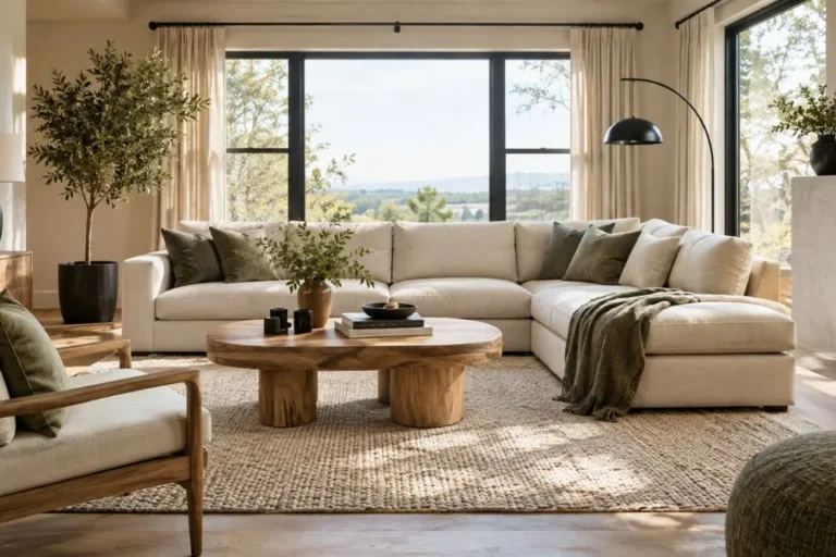 Modern living room with a cream sofa, oak furniture, and sage green accents