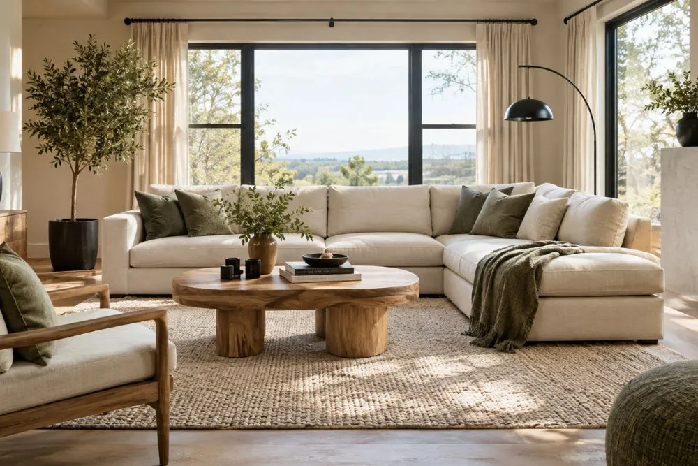 Modern living room with a cream sofa, oak furniture, and sage green accents