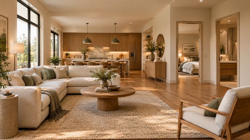 AI interior design concepts for living room bedroom kitchen and bathroom