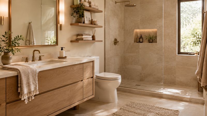Earthy bathroom with sand-colored tiles, oak-look vanity, cream towels, and matte accessories