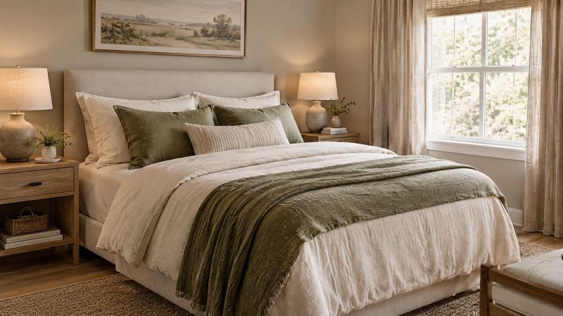 Warm neutral bedroom with cream bedding, taupe walls, oak furniture, and olive accents