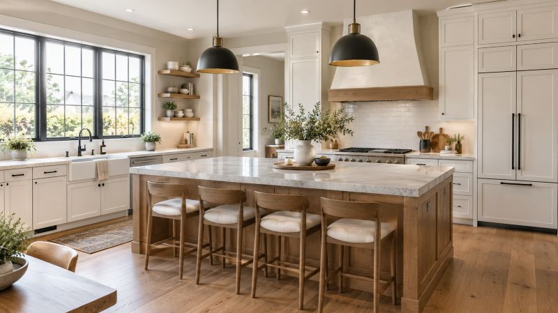 Bright kitchen with white cabinetry, oak accents, and a light stone countertop