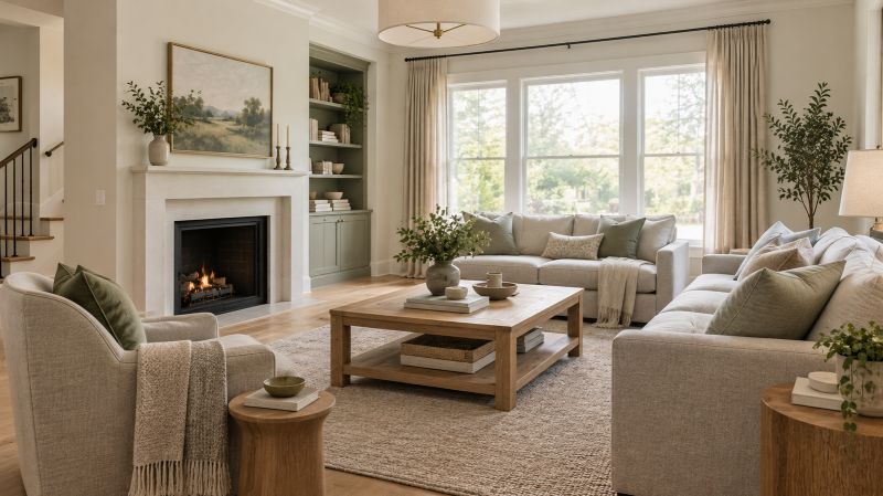 Soft white living room walls with natural oak flooring and warm gray upholstery