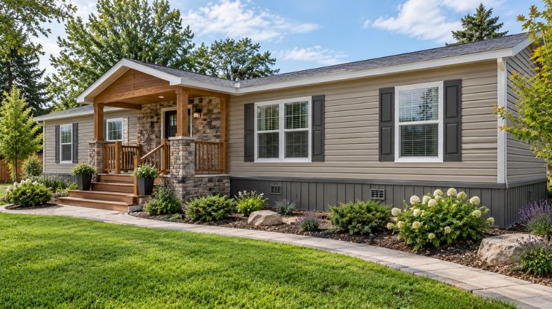 Manufactured home exterior showing different skirting material options