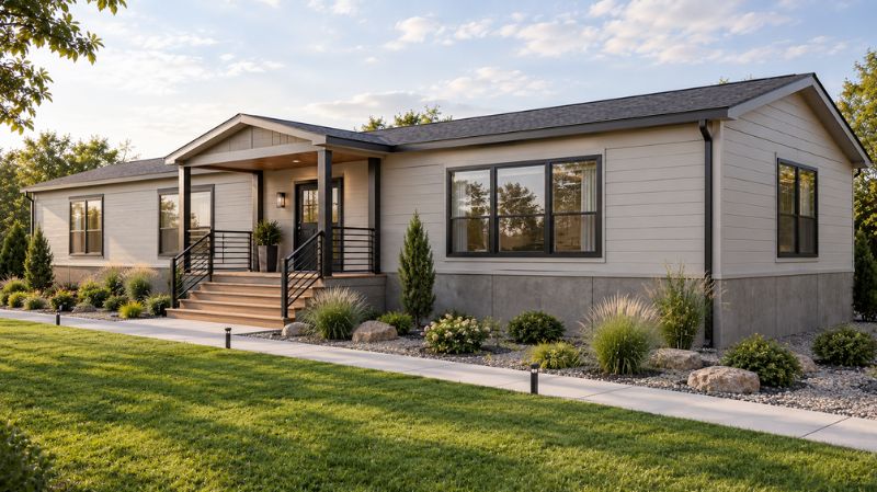 Modern manufactured home with concrete-look and metal skirting