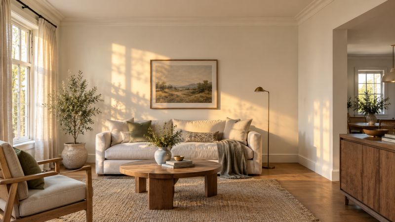 Afternoon sunlight illuminating warm white walls in a living room