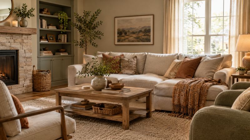 Cozy living room with layered cushions, a soft throw, and a textured area rug