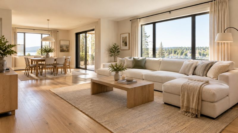 Open-plan living room with a defined seating area and coordinated dining space