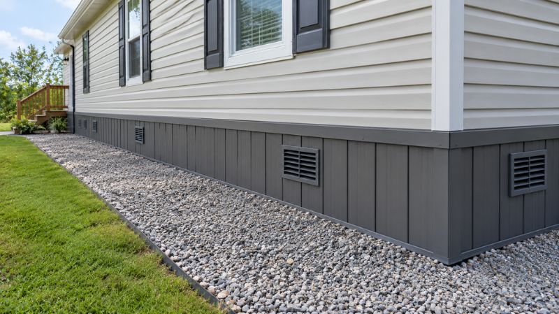 Properly ventilated mobile home skirting with drainage around foundation