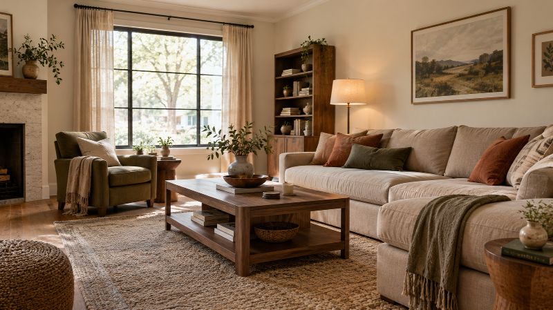 Earthy living room with beige sofa, rust cushions, walnut table, and warm white walls