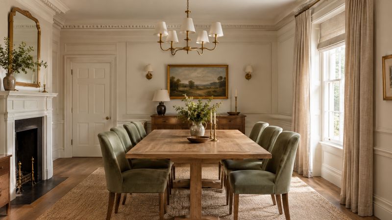 Traditional dining room with soft off-white walls, oak furniture, and muted green accents
